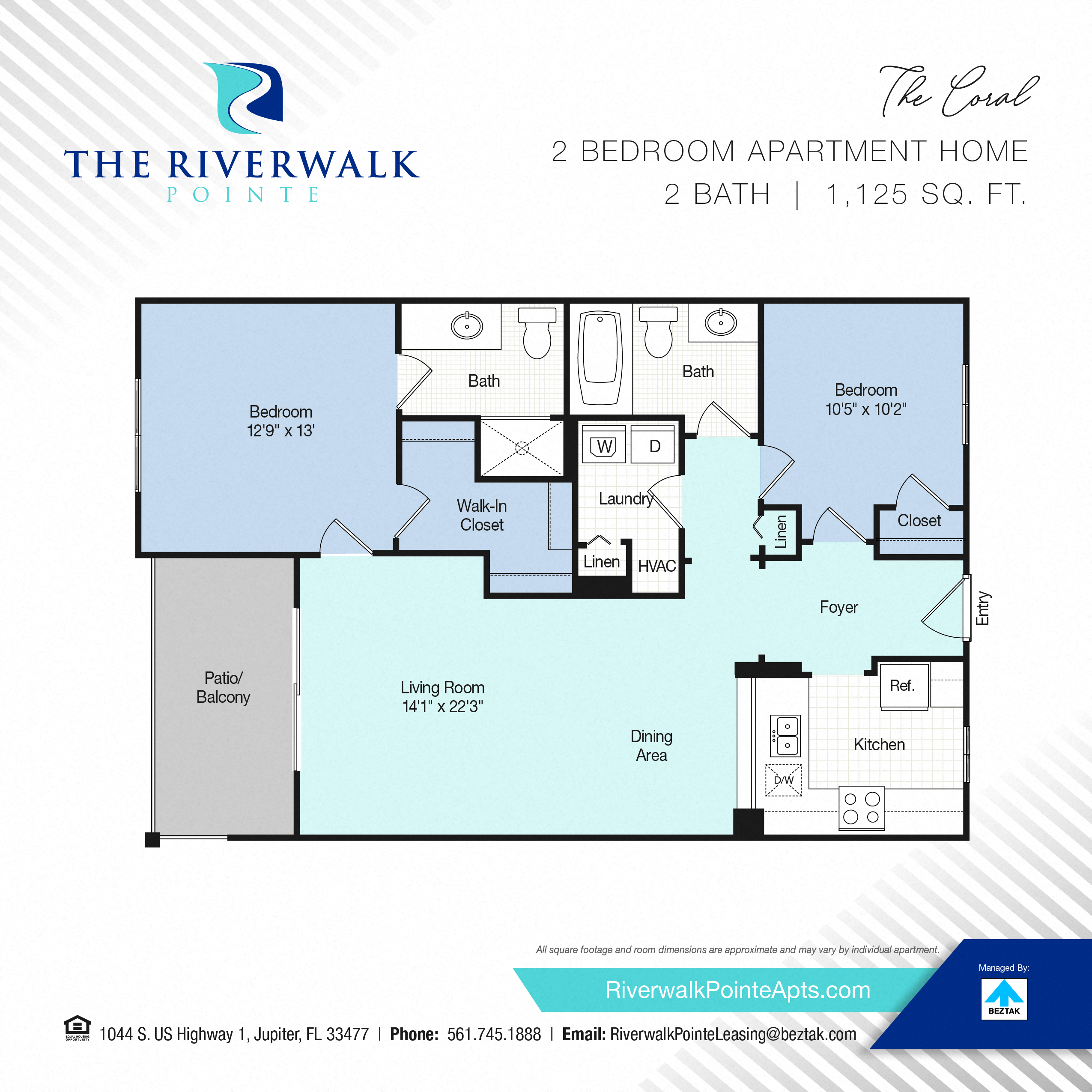 Floor plan for 2 beds, 2 baths, 1125 sqft